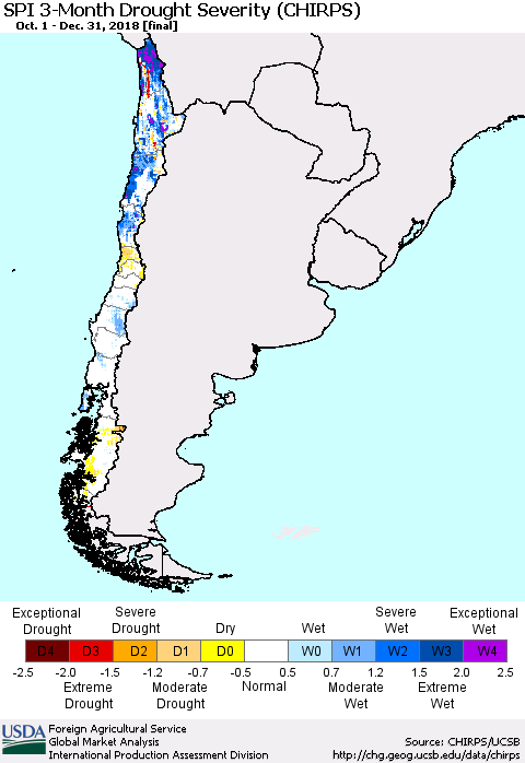 Chile SPI 3-Month Drought Severity (CHIRPS) Thematic Map For 10/1/2018 - 12/31/2018