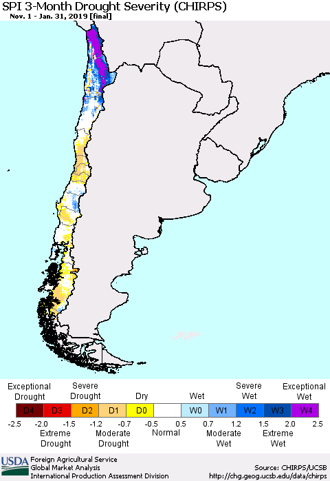 Chile SPI 3-Month Drought Severity (CHIRPS) Thematic Map For 11/1/2018 - 1/31/2019