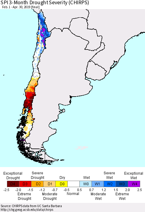 Chile SPI 3-Month Drought Severity (CHIRPS) Thematic Map For 2/1/2019 - 4/30/2019