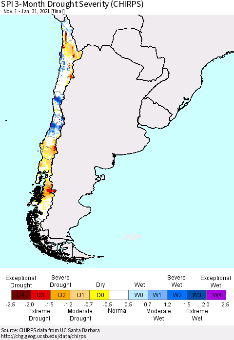 Chile SPI 3-Month Drought Severity (CHIRPS) Thematic Map For 11/1/2020 - 1/31/2021