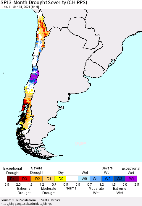 Chile SPI 3-Month Drought Severity (CHIRPS) Thematic Map For 1/1/2021 - 3/31/2021