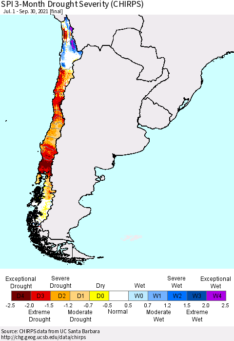 Chile SPI 3-Month Drought Severity (CHIRPS) Thematic Map For 7/1/2021 - 9/30/2021
