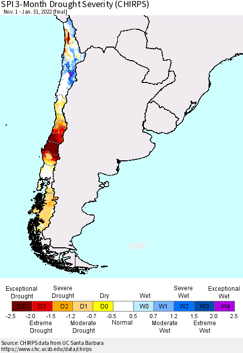 Chile SPI 3-Month Drought Severity (CHIRPS) Thematic Map For 11/1/2021 - 1/31/2022