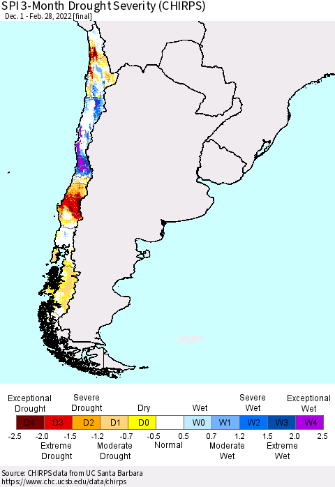 Chile SPI 3-Month Drought Severity (CHIRPS) Thematic Map For 12/1/2021 - 2/28/2022