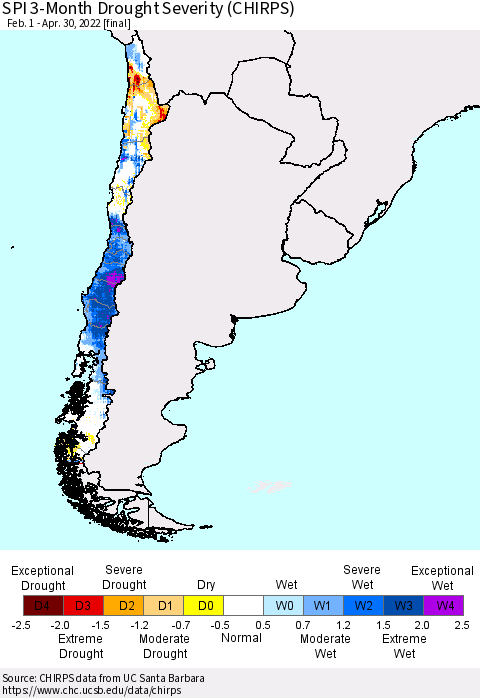 Chile SPI 3-Month Drought Severity (CHIRPS) Thematic Map For 2/1/2022 - 4/30/2022