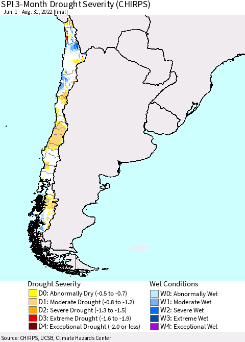 Chile SPI 3-Month Drought Severity (CHIRPS) Thematic Map For 6/1/2022 - 8/31/2022