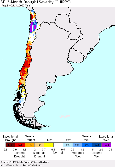 Chile SPI 3-Month Drought Severity (CHIRPS) Thematic Map For 8/1/2022 - 10/31/2022