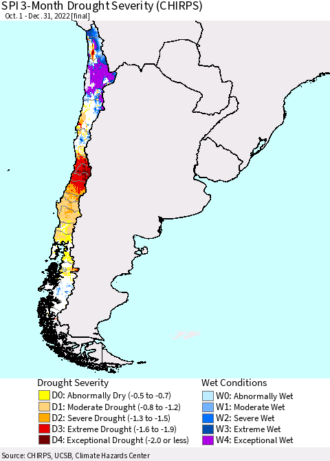 Chile SPI 3-Month Drought Severity (CHIRPS) Thematic Map For 10/1/2022 - 12/31/2022