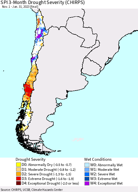Chile SPI 3-Month Drought Severity (CHIRPS) Thematic Map For 11/1/2022 - 1/31/2023