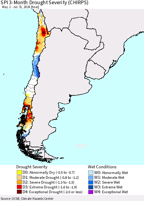 Chile SPI 3-Month Drought Severity (CHIRPS) Thematic Map For 5/1/2024 - 7/31/2024