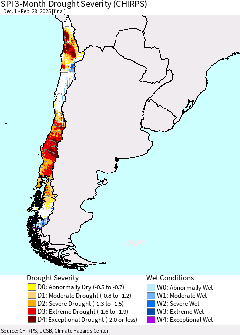 Chile SPI 3-Month Drought Severity (CHIRPS) Thematic Map For 12/1/2024 - 2/28/2025