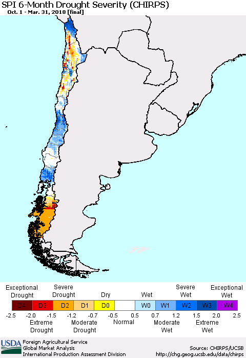 Chile SPI 6-Month Drought Severity (CHIRPS) Thematic Map For 10/1/2017 - 3/31/2018