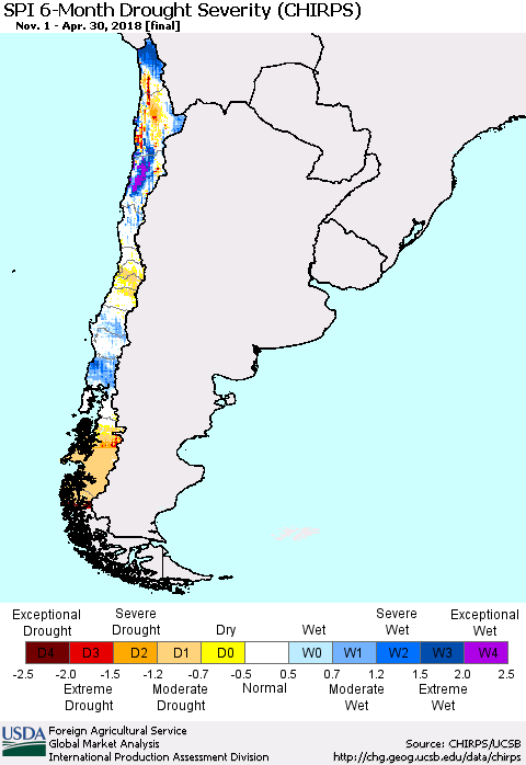 Chile SPI 6-Month Drought Severity (CHIRPS) Thematic Map For 11/1/2017 - 4/30/2018