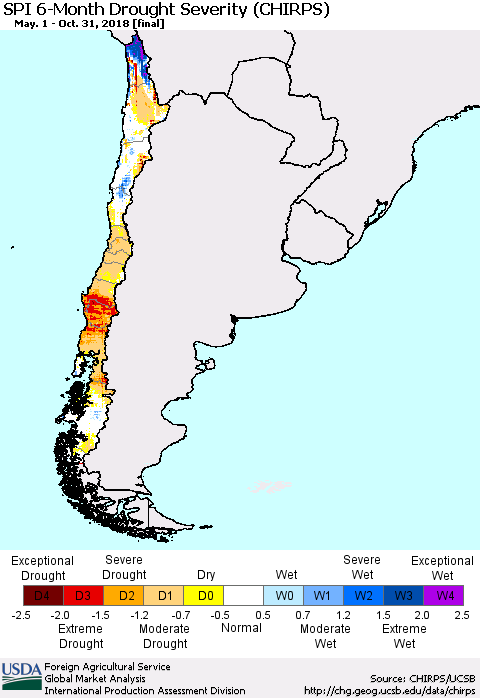 Chile SPI 6-Month Drought Severity (CHIRPS) Thematic Map For 5/1/2018 - 10/31/2018