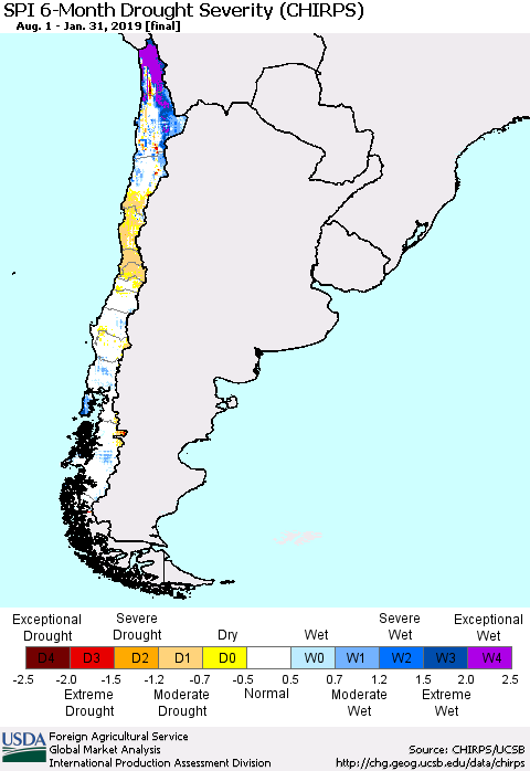 Chile SPI 6-Month Drought Severity (CHIRPS) Thematic Map For 8/1/2018 - 1/31/2019