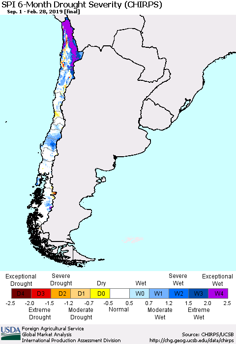 Chile SPI 6-Month Drought Severity (CHIRPS) Thematic Map For 9/1/2018 - 2/28/2019