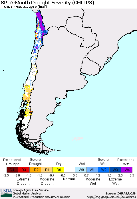 Chile SPI 6-Month Drought Severity (CHIRPS) Thematic Map For 10/1/2018 - 3/31/2019
