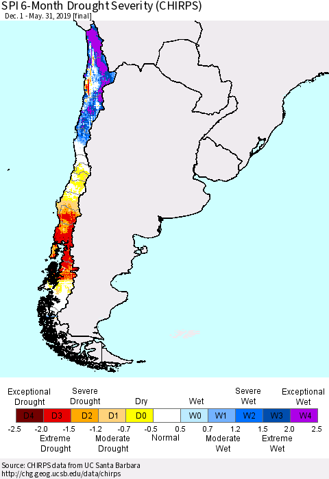 Chile SPI 6-Month Drought Severity (CHIRPS) Thematic Map For 12/1/2018 - 5/31/2019