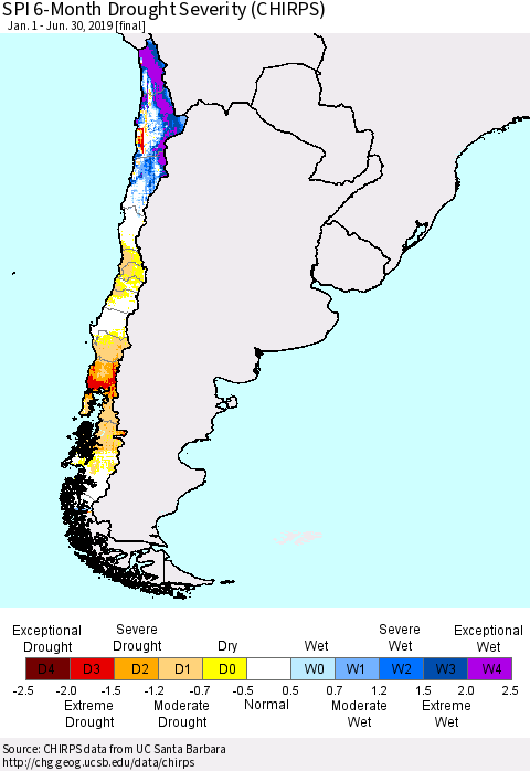 Chile SPI 6-Month Drought Severity (CHIRPS) Thematic Map For 1/1/2019 - 6/30/2019