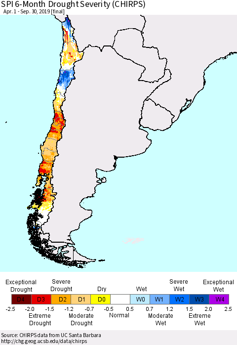 Chile SPI 6-Month Drought Severity (CHIRPS) Thematic Map For 4/1/2019 - 9/30/2019