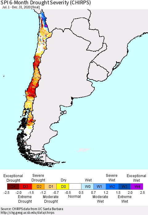 Chile SPI 6-Month Drought Severity (CHIRPS) Thematic Map For 7/1/2020 - 12/31/2020