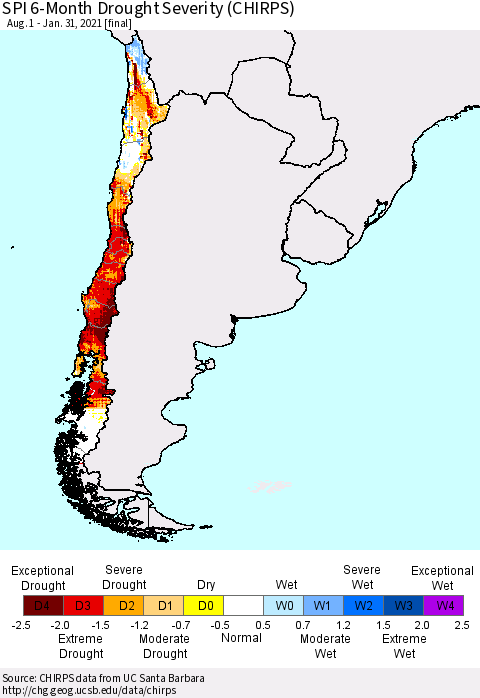Chile SPI 6-Month Drought Severity (CHIRPS) Thematic Map For 8/1/2020 - 1/31/2021