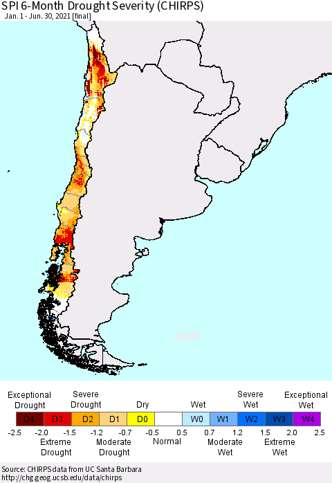 Chile SPI 6-Month Drought Severity (CHIRPS) Thematic Map For 1/1/2021 - 6/30/2021