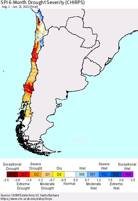 Chile SPI 6-Month Drought Severity (CHIRPS) Thematic Map For 8/1/2021 - 1/31/2022