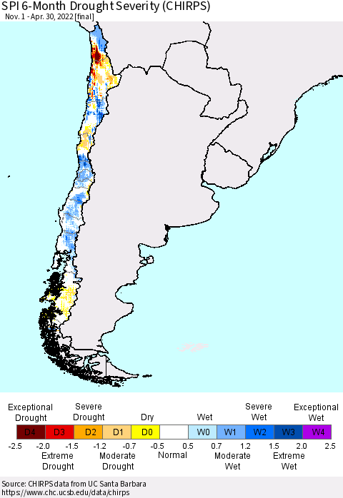 Chile SPI 6-Month Drought Severity (CHIRPS) Thematic Map For 11/1/2021 - 4/30/2022