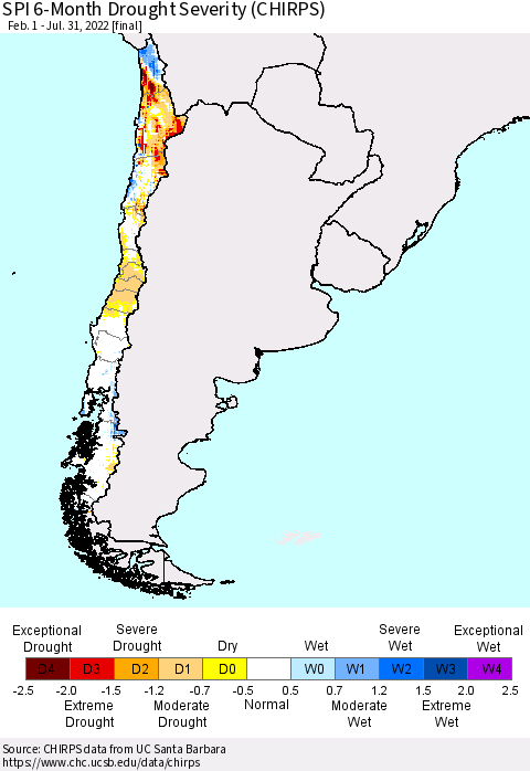 Chile SPI 6-Month Drought Severity (CHIRPS) Thematic Map For 2/1/2022 - 7/31/2022