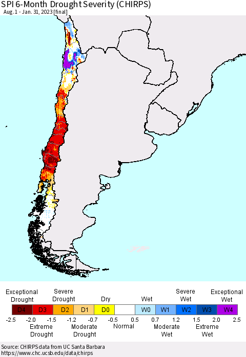 Chile SPI 6-Month Drought Severity (CHIRPS) Thematic Map For 8/1/2022 - 1/31/2023