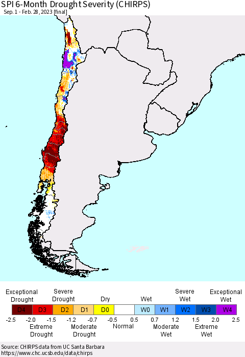 Chile SPI 6-Month Drought Severity (CHIRPS) Thematic Map For 9/1/2022 - 2/28/2023