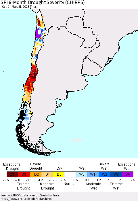 Chile SPI 6-Month Drought Severity (CHIRPS) Thematic Map For 10/1/2022 - 3/31/2023