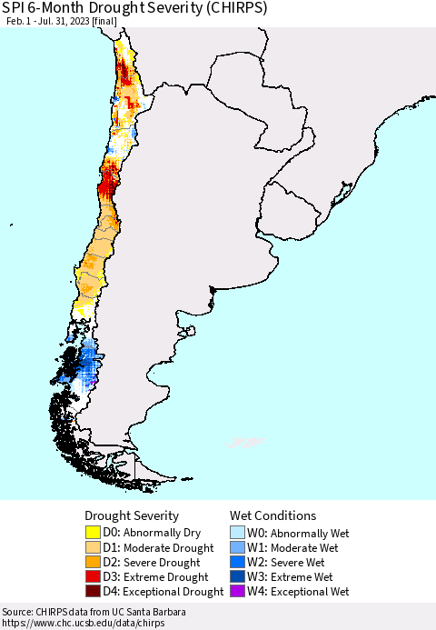 Chile SPI 6-Month Drought Severity (CHIRPS) Thematic Map For 2/1/2023 - 7/31/2023