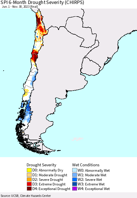 Chile SPI 6-Month Drought Severity (CHIRPS) Thematic Map For 6/1/2023 - 11/30/2023