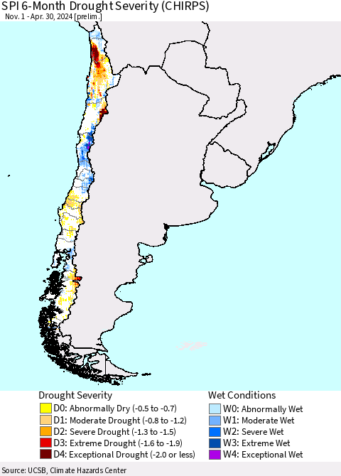 Chile SPI 6-Month Drought Severity (CHIRPS) Thematic Map For 11/1/2023 - 4/30/2024