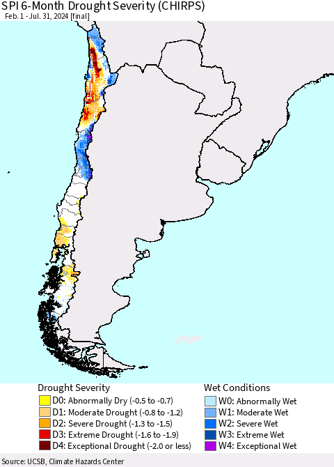 Chile SPI 6-Month Drought Severity (CHIRPS) Thematic Map For 2/1/2024 - 7/31/2024