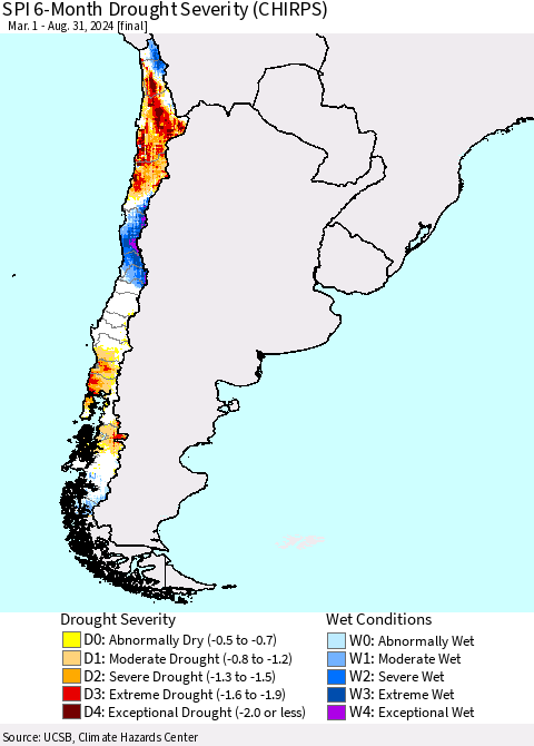 Chile SPI 6-Month Drought Severity (CHIRPS) Thematic Map For 3/1/2024 - 8/31/2024