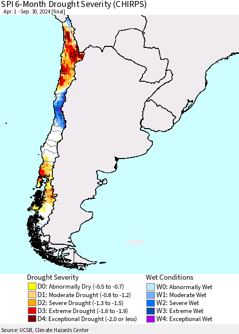 Chile SPI 6-Month Drought Severity (CHIRPS) Thematic Map For 4/1/2024 - 9/30/2024