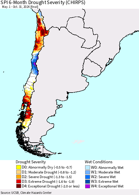 Chile SPI 6-Month Drought Severity (CHIRPS) Thematic Map For 5/1/2024 - 10/31/2024