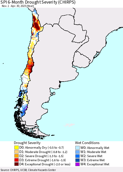 Chile SPI 6-Month Drought Severity (CHIRPS) Thematic Map For 11/1/2024 - 4/30/2025