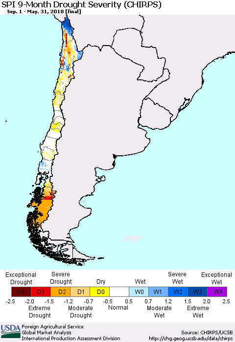 Chile SPI 9-Month Drought Severity (CHIRPS) Thematic Map For 9/1/2017 - 5/31/2018