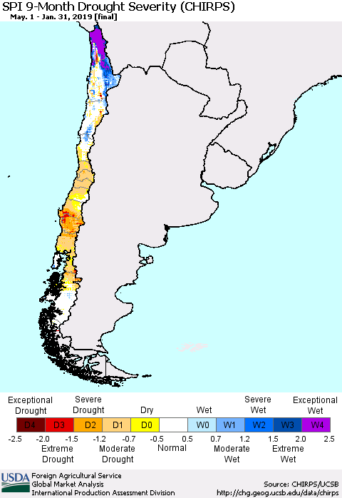 Chile SPI 9-Month Drought Severity (CHIRPS) Thematic Map For 5/1/2018 - 1/31/2019