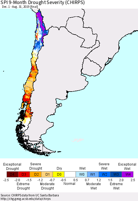 Chile SPI 9-Month Drought Severity (CHIRPS) Thematic Map For 12/1/2018 - 8/31/2019