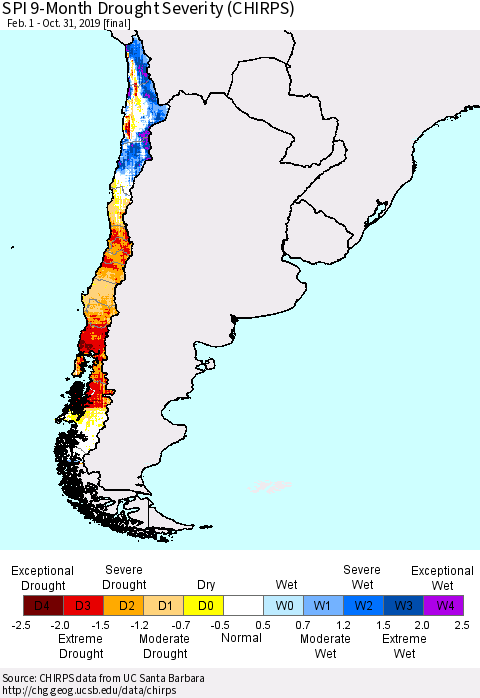 Chile SPI 9-Month Drought Severity (CHIRPS) Thematic Map For 2/1/2019 - 10/31/2019