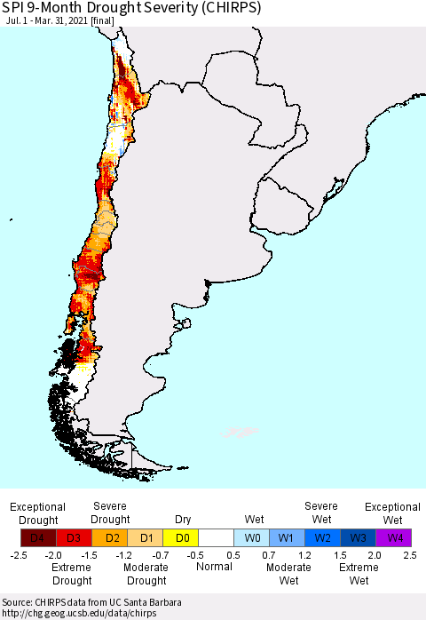 Chile SPI 9-Month Drought Severity (CHIRPS) Thematic Map For 7/1/2020 - 3/31/2021