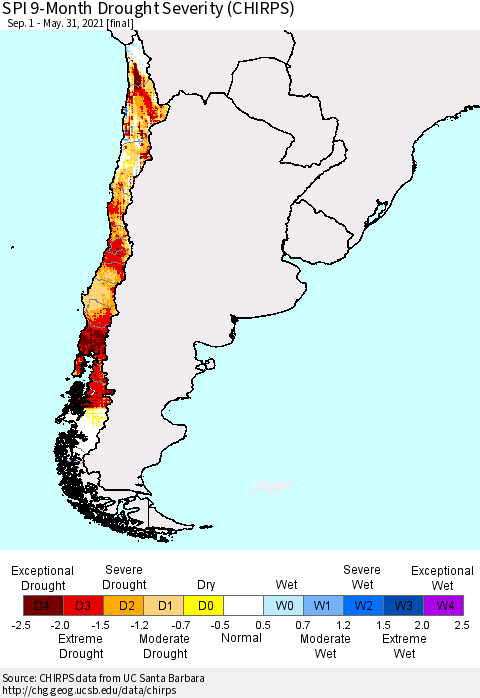 Chile SPI 9-Month Drought Severity (CHIRPS) Thematic Map For 9/1/2020 - 5/31/2021