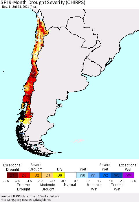 Chile SPI 9-Month Drought Severity (CHIRPS) Thematic Map For 11/1/2020 - 7/31/2021