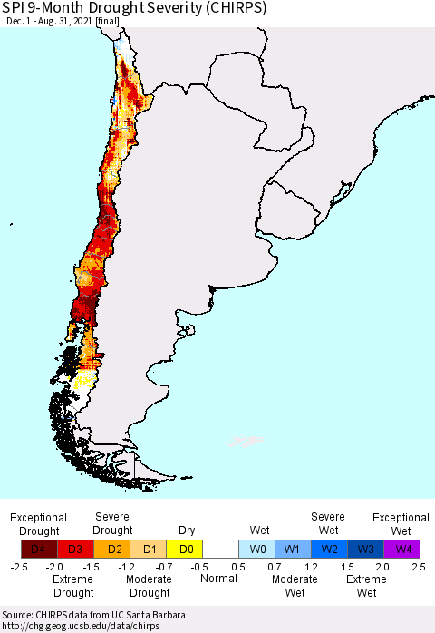 Chile SPI 9-Month Drought Severity (CHIRPS) Thematic Map For 12/1/2020 - 8/31/2021