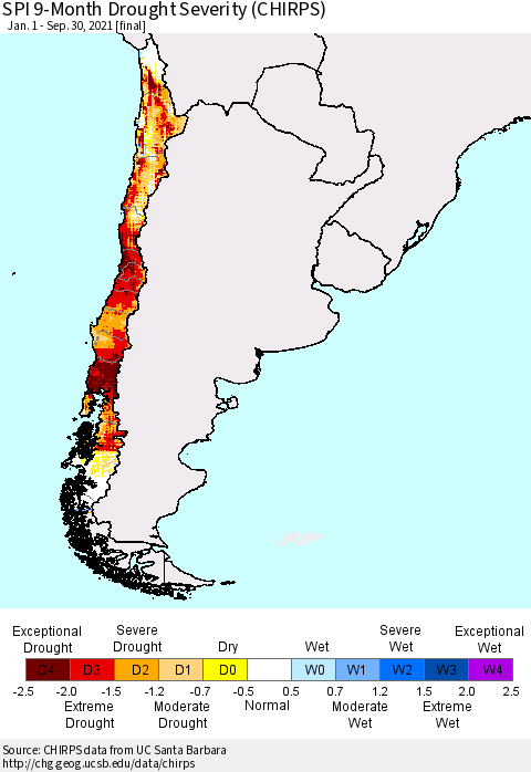 Chile SPI 9-Month Drought Severity (CHIRPS) Thematic Map For 1/1/2021 - 9/30/2021